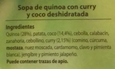 Lista de ingredientes del producto Sopa de quinoa con curry y coco Asia Green Garden 200 g