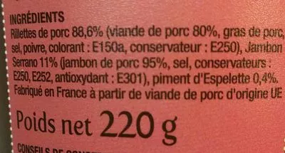 Lista de ingredientes del producto Rillettes au jambon serrano & piment d'espelette Prestige's De La Sarthe 