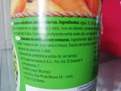 Lista de ingredientes del producto Guisantes con zanahorias Freshona 265 g