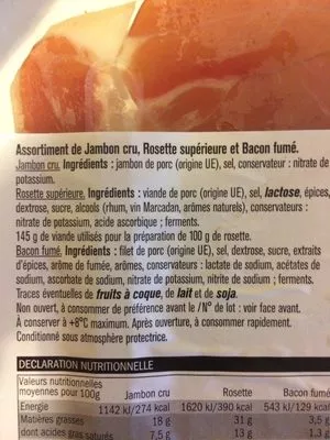 Lista de ingredientes del producto Jambon cru Rosette et Bacon Saint Alby 250 g