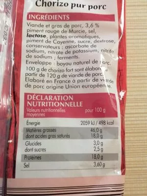 Lista de ingredientes del producto Chorizo piquant Le Césarin 250 g