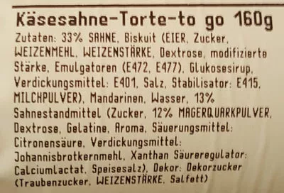 Lista de ingredientes del producto Käsesahne-Torte-To Go Globus 160g