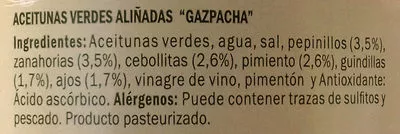 Lista de ingredientes del producto Aceitunas verdes partidas aliñadas a la gazpachaBaresa Baresa 950 g (neto), 600 g (escurrido), 960 ml