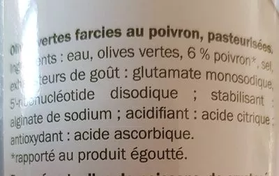 Lista de ingredientes del producto Olives vertes farcies aux poivrons Baresa 350 g (neto), 150 g (escurrido), 370 ml