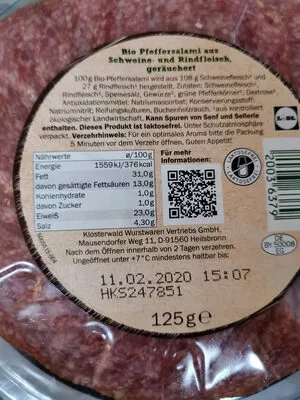 Lista de ingredientes del producto Pfeffersalami Bio Organic Lidl 125g