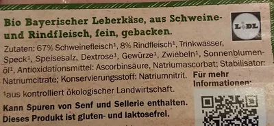 Lista de ingredientes del producto Bio Bayerischer Leberkäse Metzgerfrisch 125