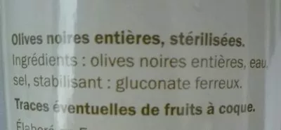 Lista de ingredientes del producto Olives noires entières Baresa 350 g (neto), 200 g (escurrido)