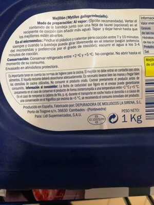 Lista de ingredientes del producto Mejillon Lidl 1 kg