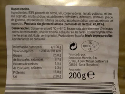 Lista de ingredientes del producto Bacon cocido Ahumado Realvalle 200 g