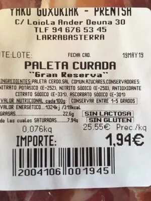 Lista de ingredientes del producto Paleta curada gran reserva El Pirata 