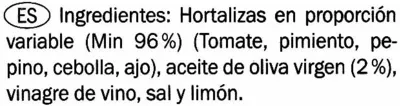 Lista de ingredientes del producto Gazpacho Chef Select 1 l