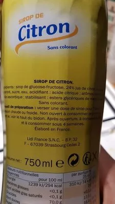 Lista de ingredientes del producto Sirop de citron Plein Sud 750 ml