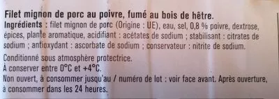 Lista de ingredientes del producto Filet mignon fumé au poivre Saint alby 90 g