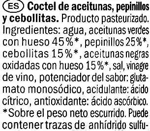 Lista de ingredientes del producto Surtido de encurtidos "Baresa" Baresa 345 g (neto), 200 g (escurrido), 370 ml