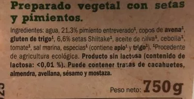 Lista de ingredientes del producto Rulo vegetal setas y pimiento My Best Veggie 750 g