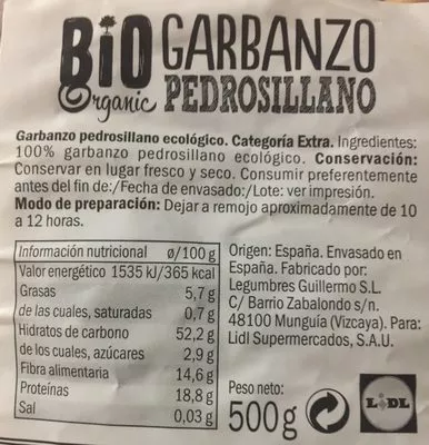 Lista de ingredientes del producto Bio Garbanzo organic perdrosillano  