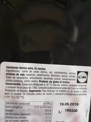 Lista de ingredientes del producto Salchichón ibérico extra Realvalle 100 g