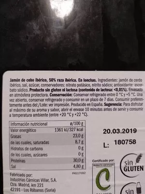 Lista de ingredientes del producto Jamón de cebo ibérico 50% raza ibérica Realvalle 