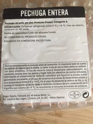 Lista de ingredientes del producto Pollo pechuga entera  