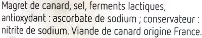 Lista de ingredientes del producto Magret de canard fumé au bois de hêtre PiqueBroche 90 g