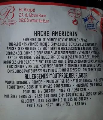 Lista de ingredientes del producto Filet americain  