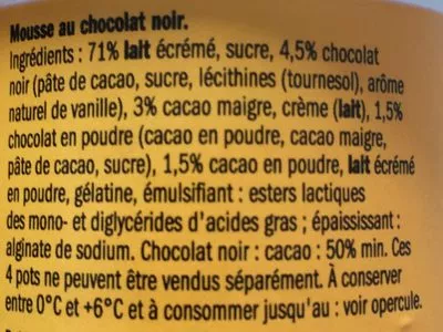 Lista de ingredientes del producto Mousse au Chocolat Noir Milbona, KingFrais 240 g e (4 * 60 g)