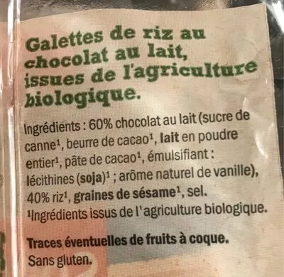 Lista de ingredientes del producto Galettes de riz chocolat au lait Sondey 100 g e