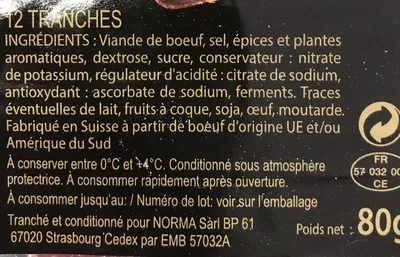 Lista de ingredientes del producto Viande de Grison Compagnie Du Saloir 