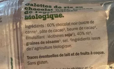 Lista de ingredientes del producto Galettes de Riz au Chocolat Noir BIO Sondey, Biotrend 100 g (6 x 16,6 g)