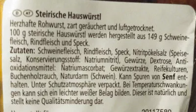 Lista de ingredientes del producto STEIRISCHE HAUSWÜRSTL ST. ALPINE., Schirnhofer 250 g