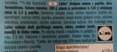 Lista de ingredientes del producto Salama s papriko dimljena Dulano Light,  Dulano 100 g