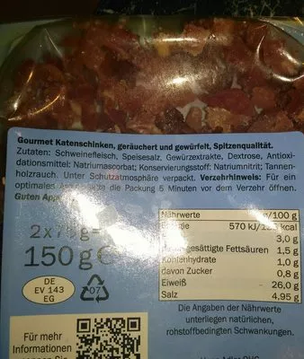 Lista de ingredientes del producto Gourmet Katenschinken servierfertig gewürfelt 2% F... Linessa, Dulano Light, Dulano 150 g