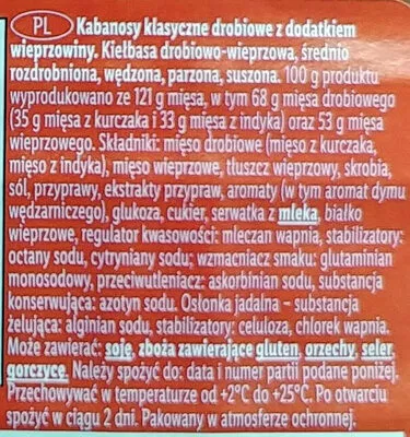 Lista de ingredientes del producto Kabanosy klasyczne drobiowe z dodatkiem wieprzowiny Pikok, Tarczyński 400 g