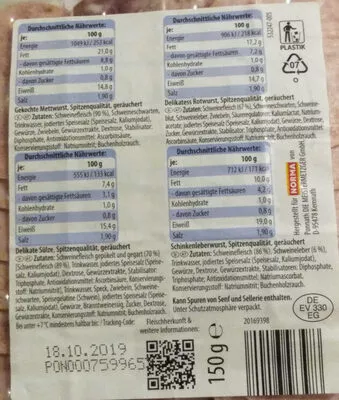 Lista de ingredientes del producto Hausmacher Platte Gut Bartenhof, PONNATH DIE MEISTERMETZGER 150 g