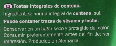 Lista de ingredientes del producto Tostadas integrales de centeno Maître Jean Pierre 250g