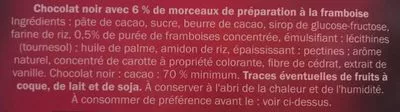 Lista de ingredientes del producto Chocolat dégustation à la framboise cacao Equateur 70% J.D. Gross 125 g