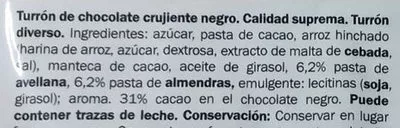 Lista de ingredientes del producto Turrón de Chocolate Negro Crujiente DOR 250 g