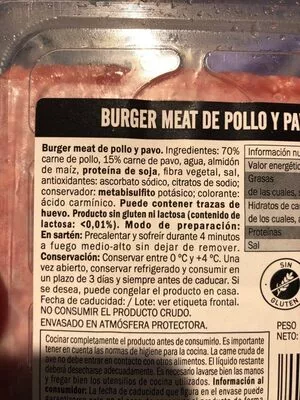 Lista de ingredientes del producto Burger meat pollo-pavo  500 g