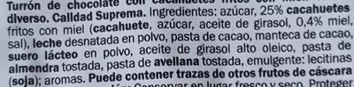 Lista de ingredientes del producto Turrón de chocolate cacahuete frito miel dor 