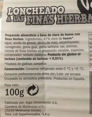 Lista de ingredientes del producto Loncheado a las finas hierbas My Best Veggie 