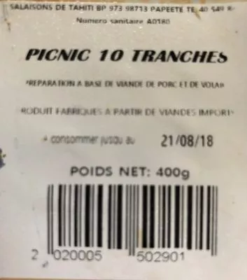 Lista de ingredientes del producto Le Picnic 10 tranches Salaisons de Tahiti Campagné, Le Campagné 400 grammes 10 tranches