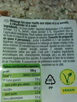 Lista de ingredientes del producto Melange bio pour risotto Milbona 