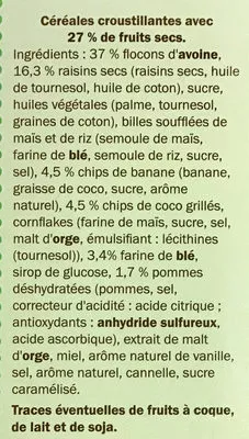 Lista de ingredientes del producto Muesli Croustillant aux Fruits Crownfield 600 g e