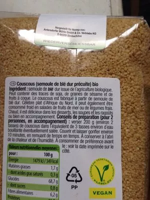 Lista de ingredientes del producto Couscous bio Bio Sonne 