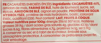 Lista de ingredientes del producto Cacahuète épicées Hema 275g