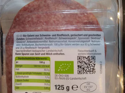 Lista de ingredientes del producto Bio-Aufschnitt Salami Bio Sonne 125 g