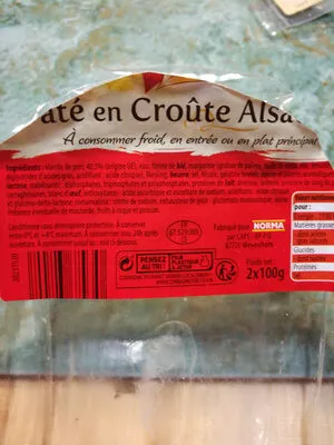 Lista de ingredientes del producto Pâté en croûte alsacien Les Régions à Table 2 x 100 g