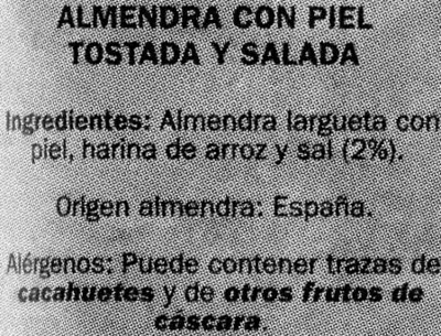 Lista de ingredientes del producto Almendras tostadas con sal Variedad Largueta Alesto 200 g