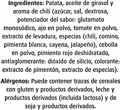 Lista de ingredientes del producto Patatas fritas artesanas Sabor chili Deluxe 125 g