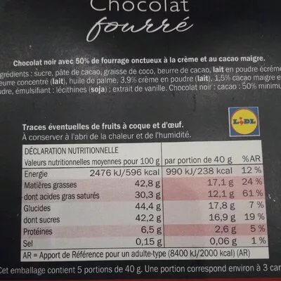 Lista de ingredientes del producto Chocolat fourré - crémeux cacao J.D. Gross 200g